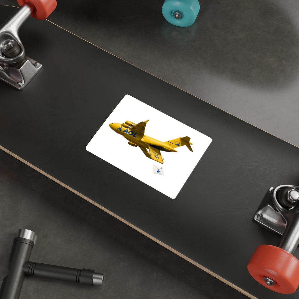 Yellow Cargo Plane Die-Cut Sticker — Retro AOL Mail Airplane Design
