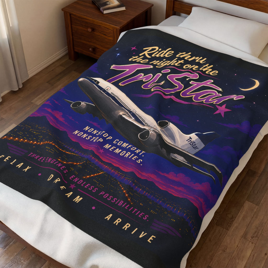 Velveteen Plush Blanket — 'Ride Thru the Night on the TriStar' Vintage Airplane Throw