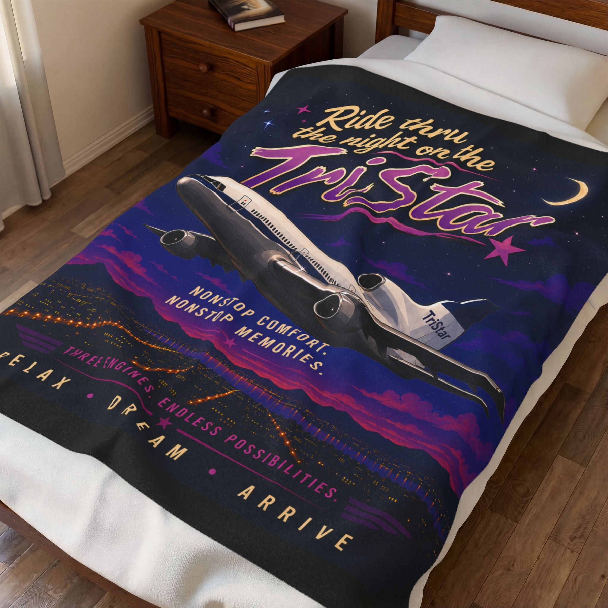 Velveteen Plush Blanket — 'Ride Thru the Night on the TriStar' Vintage Airplane Throw