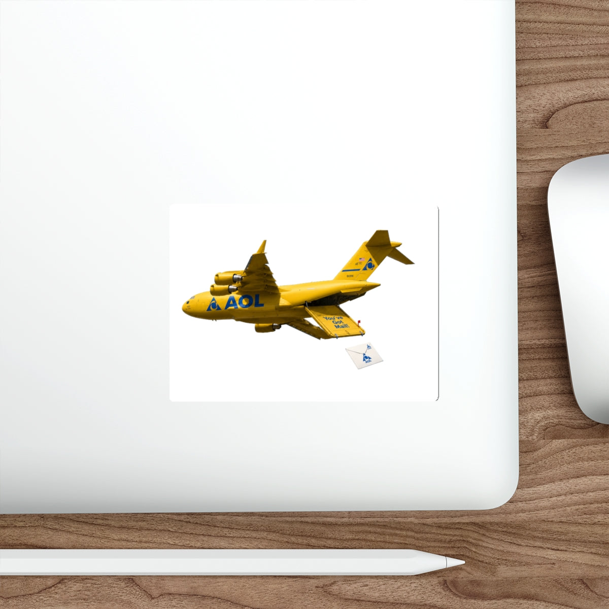Yellow Cargo Plane Die-Cut Sticker — Retro AOL Mail Airplane Design