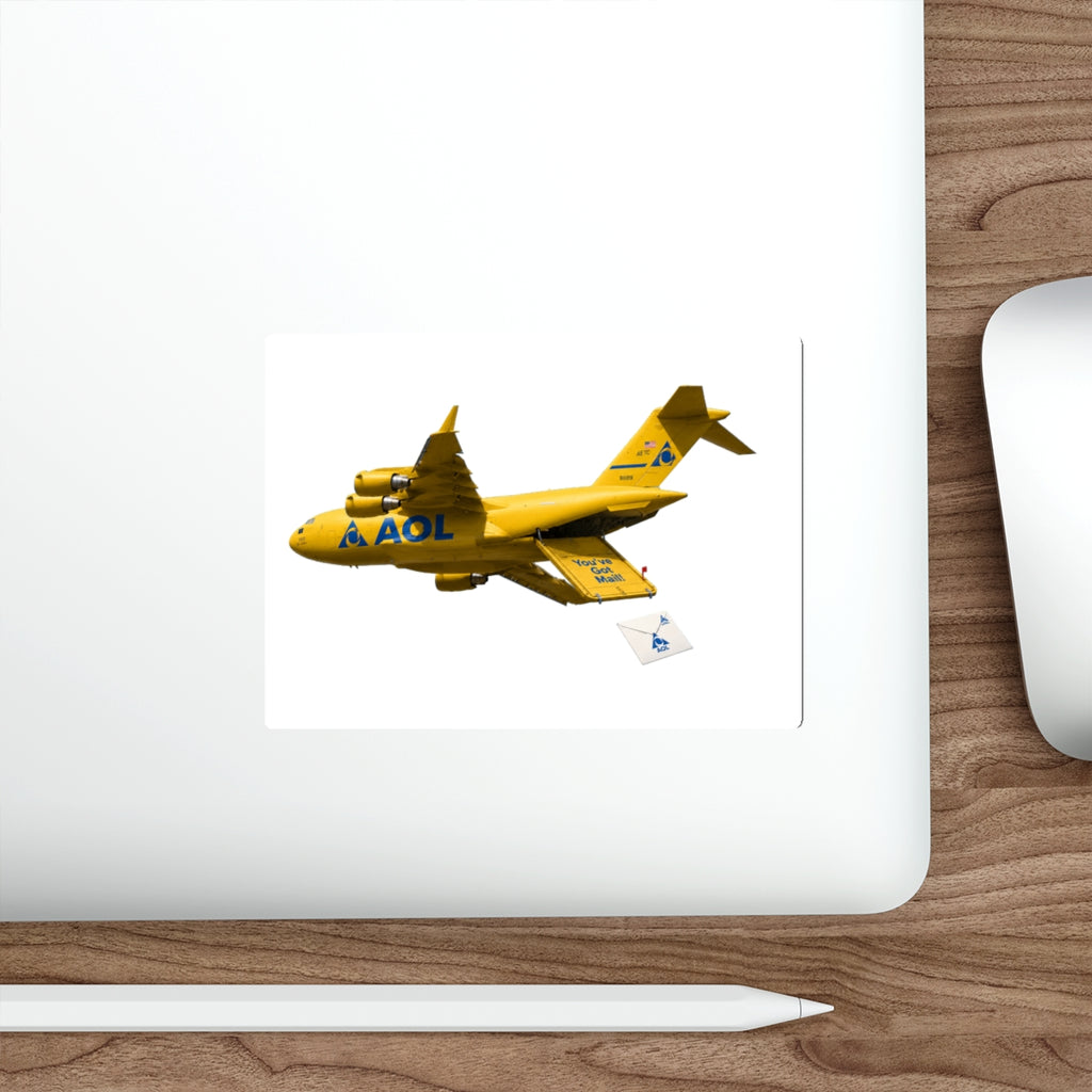 Yellow Cargo Plane Die-Cut Sticker — Retro AOL Mail Airplane Design