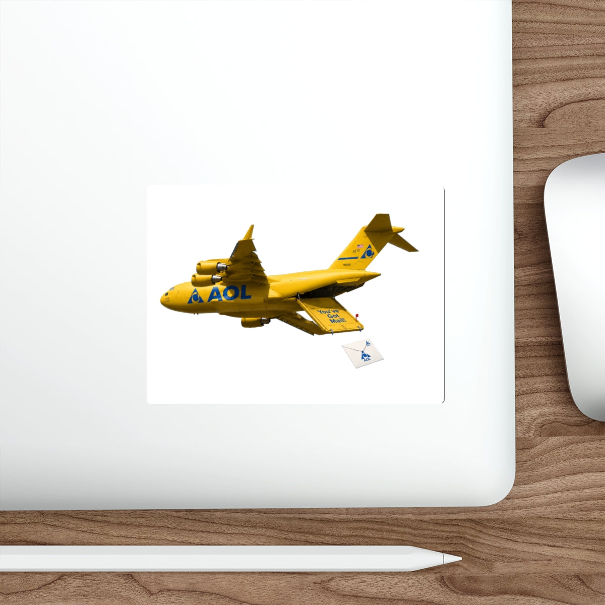 Yellow Cargo Plane Die-Cut Sticker — Retro AOL Mail Airplane Design