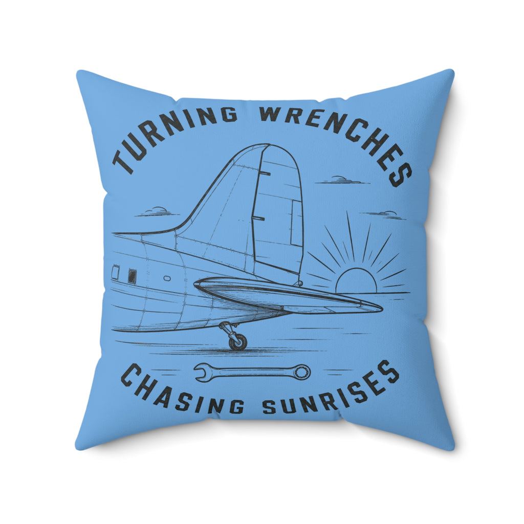 Aviation Pillow — "Turning Wrenches, Chasing Sunrises" Decorative Throw Pillow