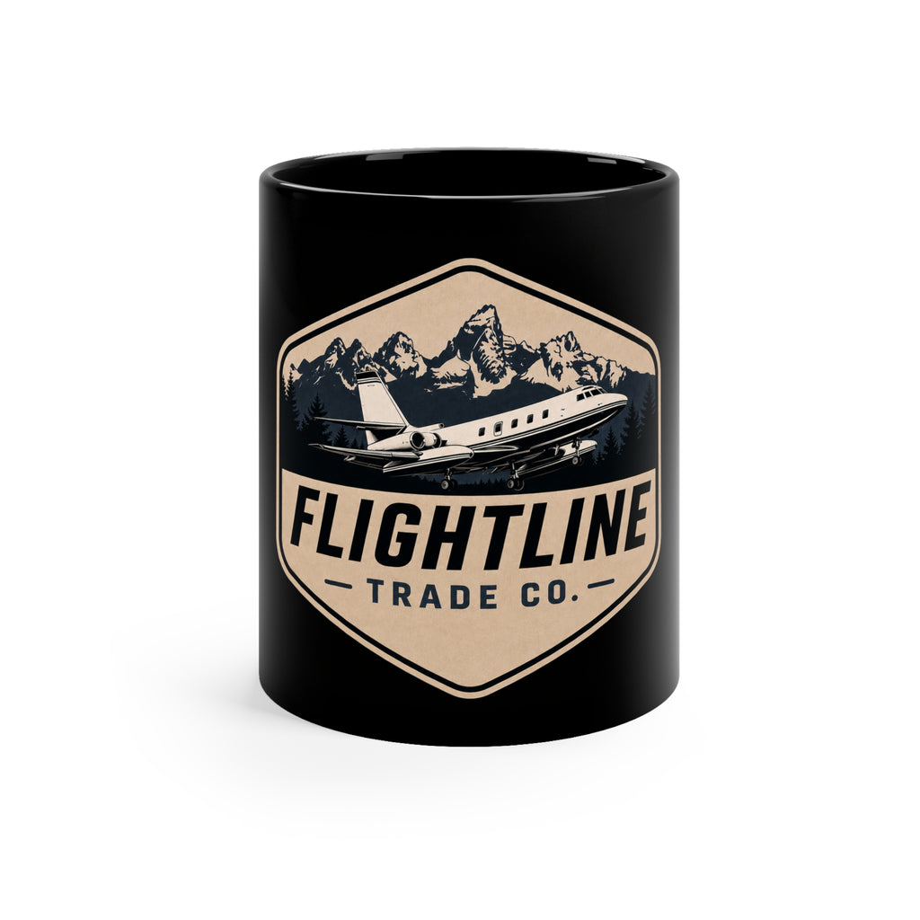 Flightline Trade Co. Black Mug — Vintage Plane & Mountain Coffee Cup (11 oz)