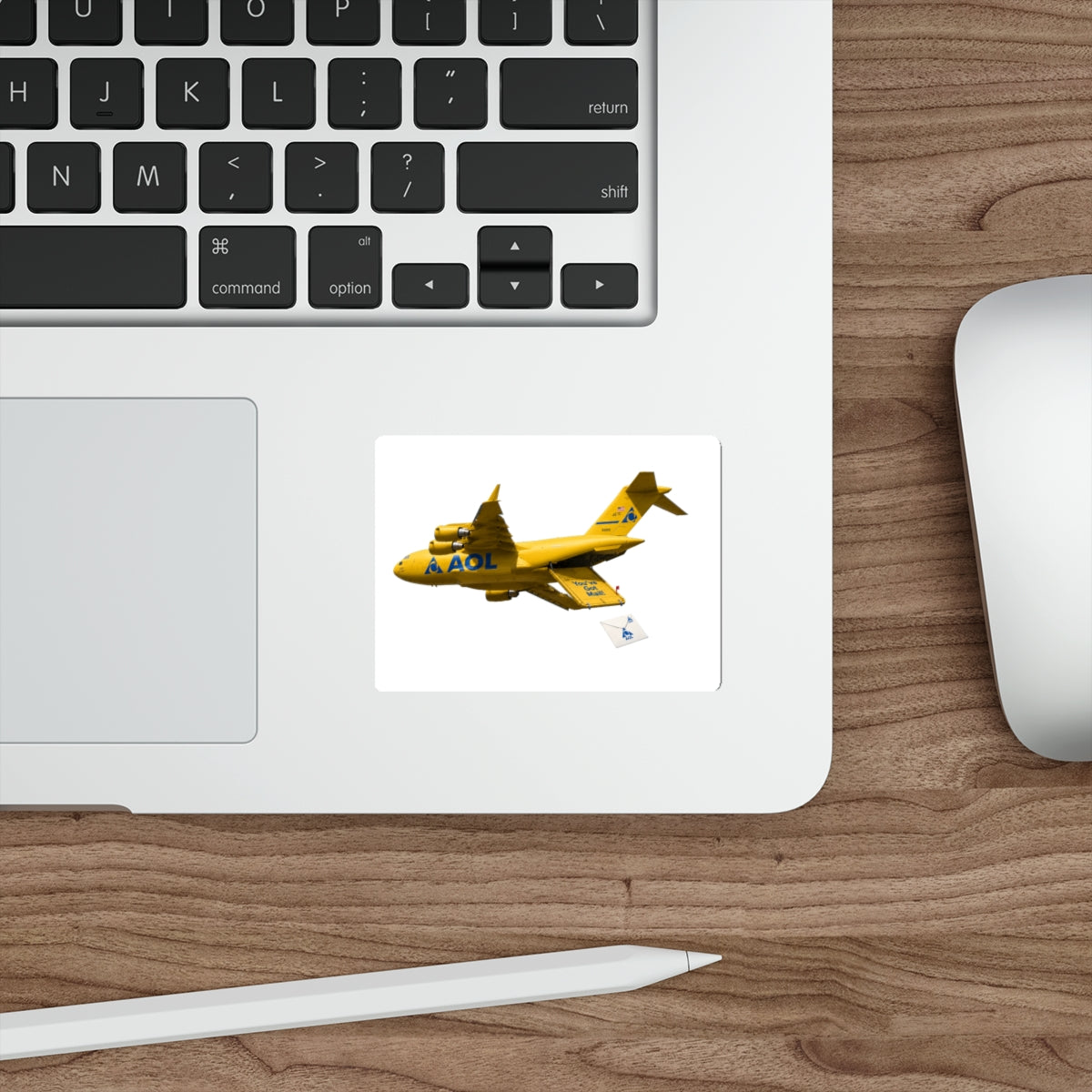 Yellow Cargo Plane Die-Cut Sticker — Retro AOL Mail Airplane Design