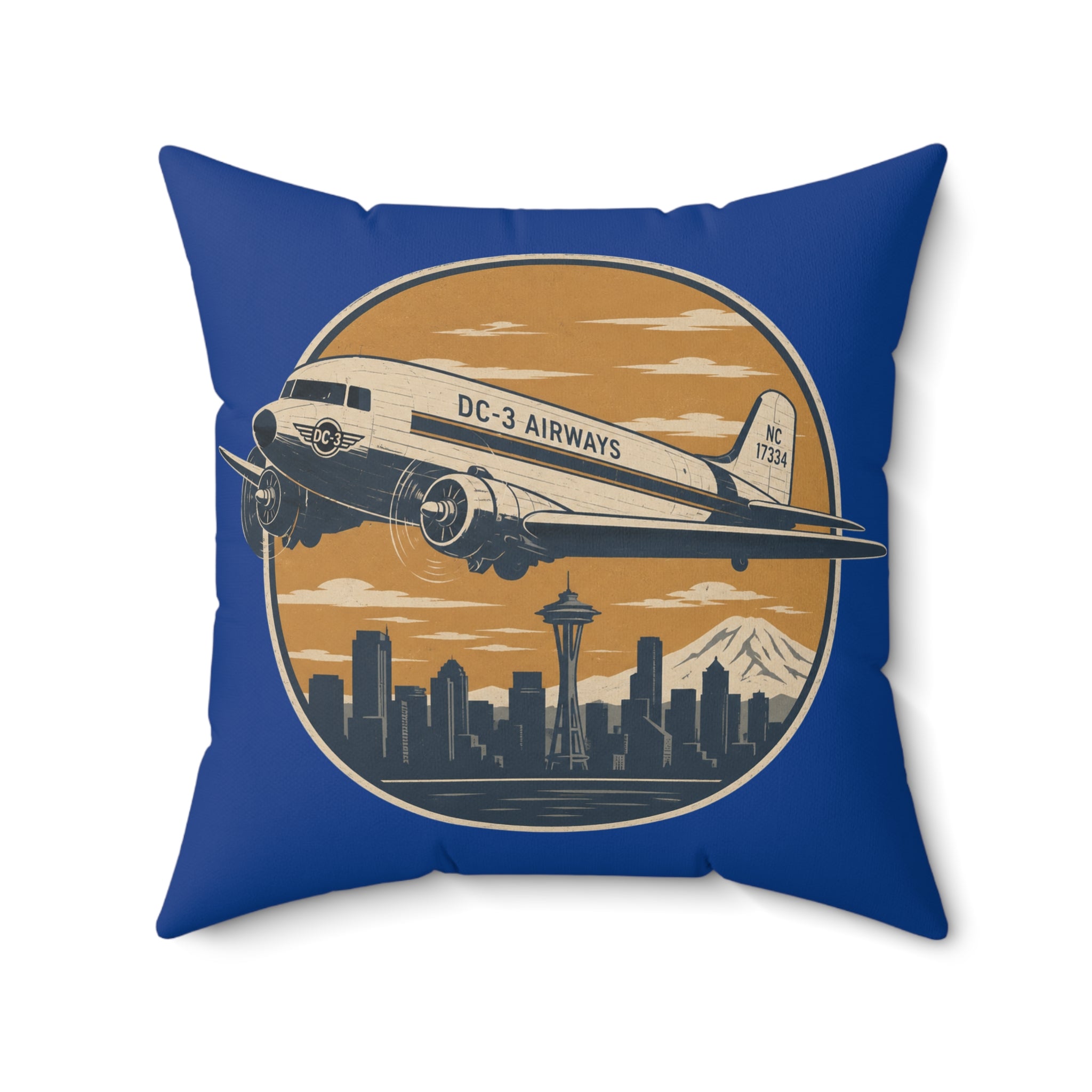 Vintage DC-3 Airliner Pillow — Retro Seattle Skyline Travel Decor