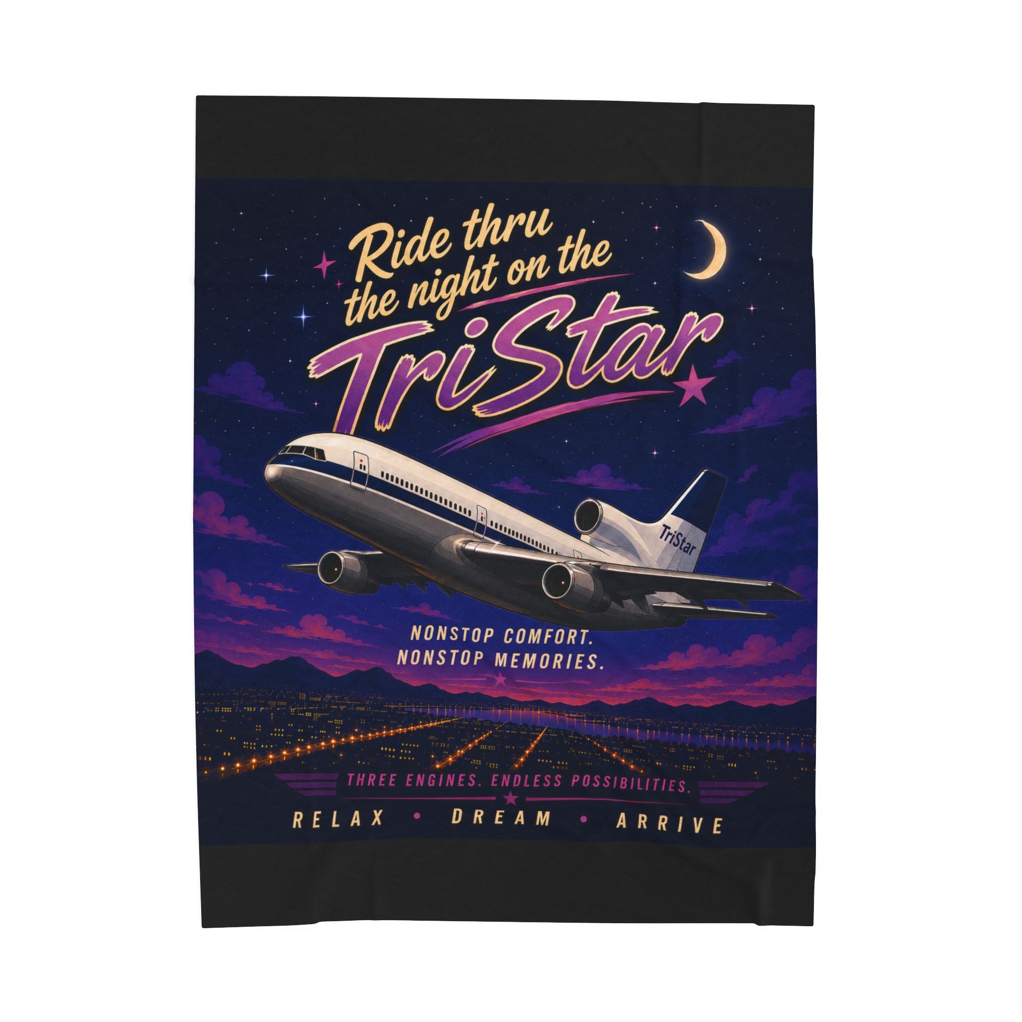 Velveteen Plush Blanket — 'Ride Thru the Night on the TriStar' Vintage Airplane Throw
