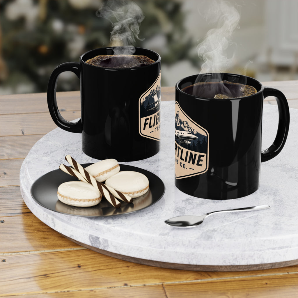 Flightline Trade Co. Black Mug — Vintage Plane & Mountain Coffee Cup (11 oz)