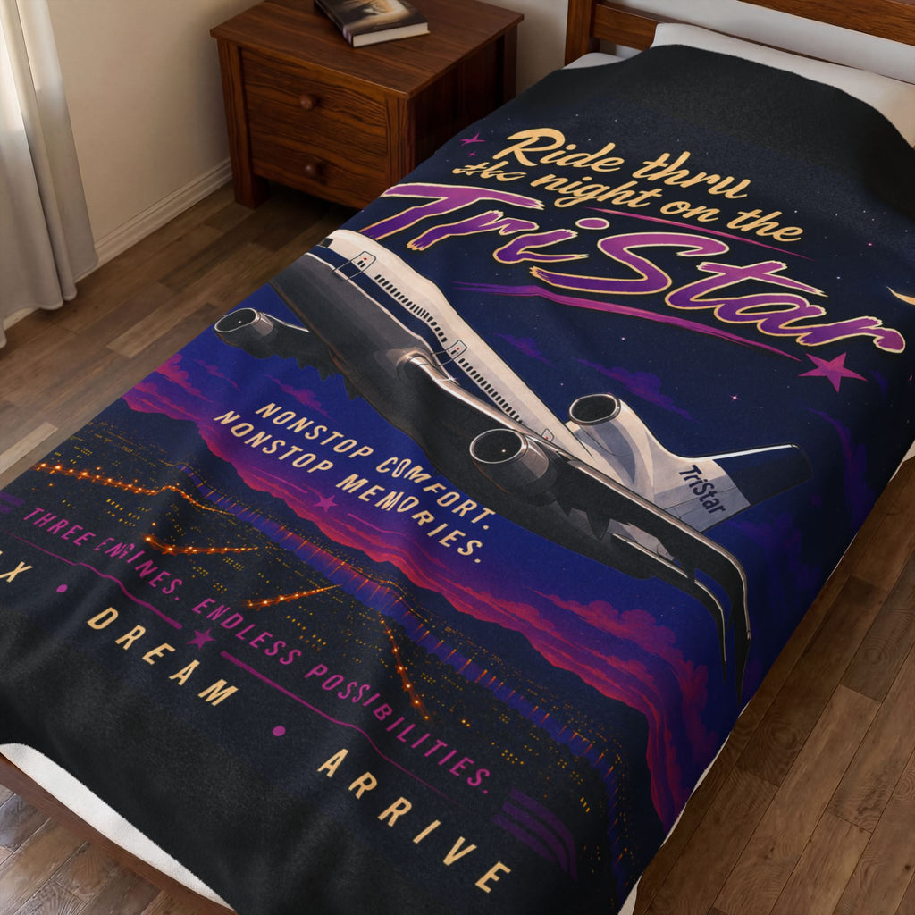Velveteen Plush Blanket — 'Ride Thru the Night on the TriStar' Vintage Airplane Throw