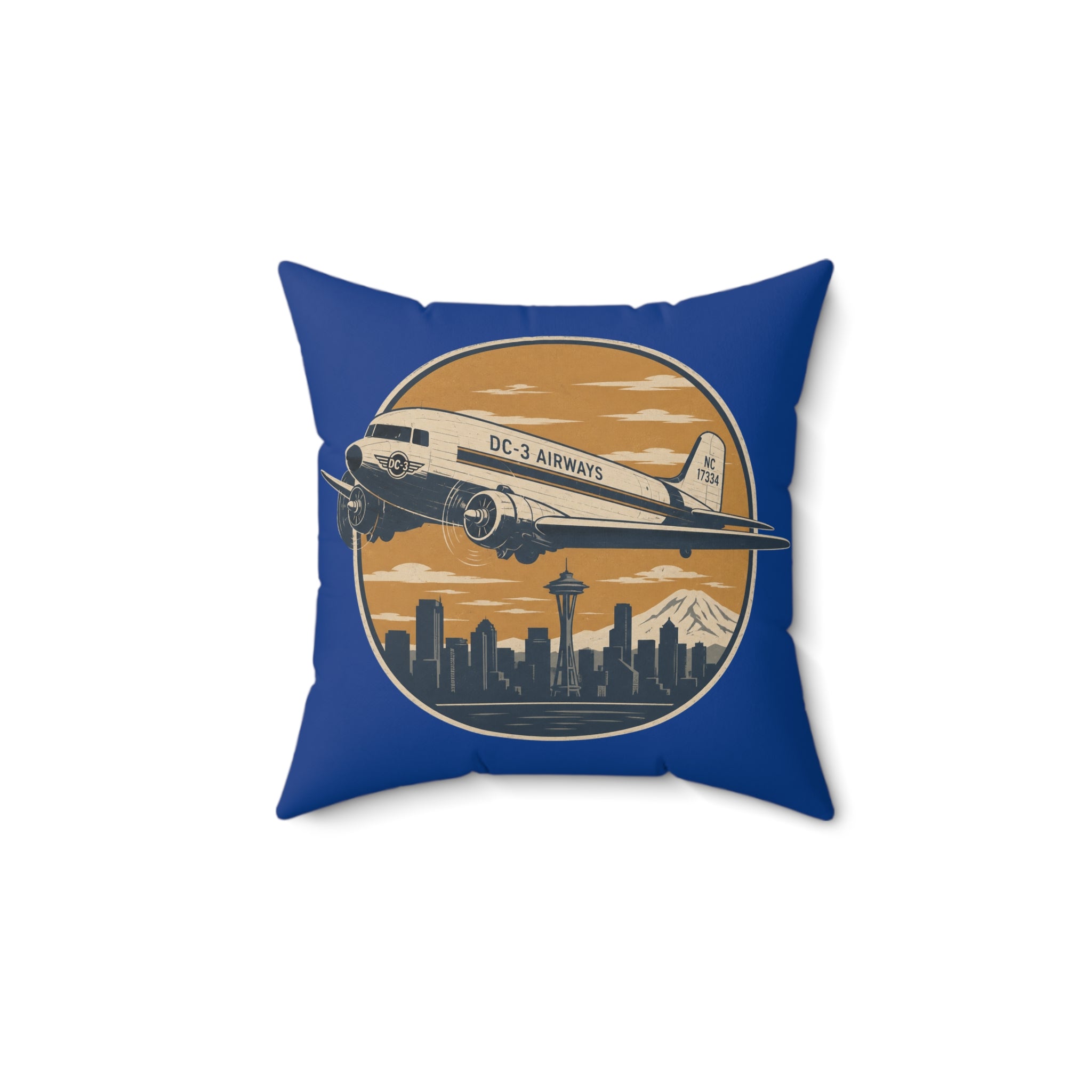 Vintage DC-3 Airliner Pillow — Retro Seattle Skyline Travel Decor