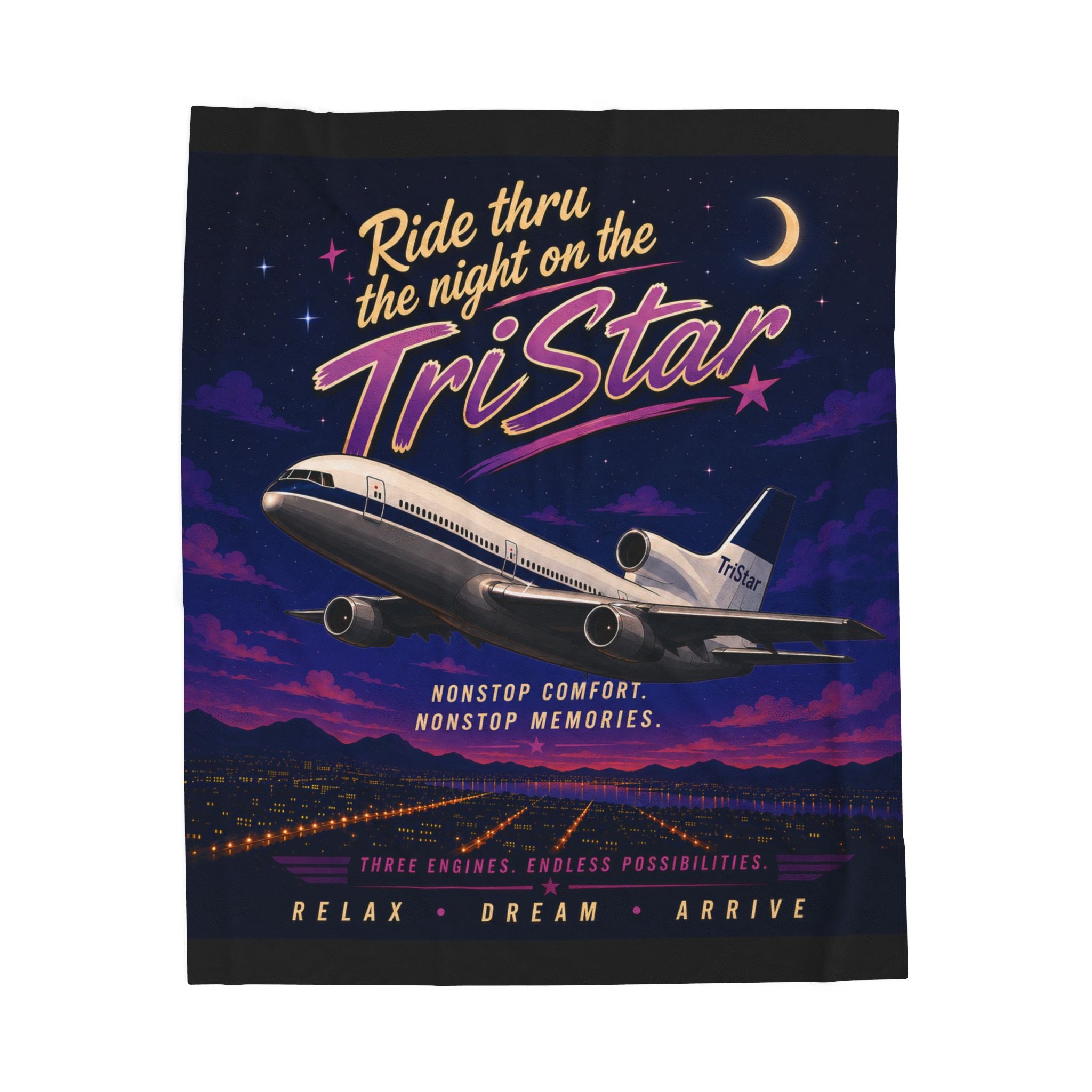 Velveteen Plush Blanket — 'Ride Thru the Night on the TriStar' Vintage Airplane Throw