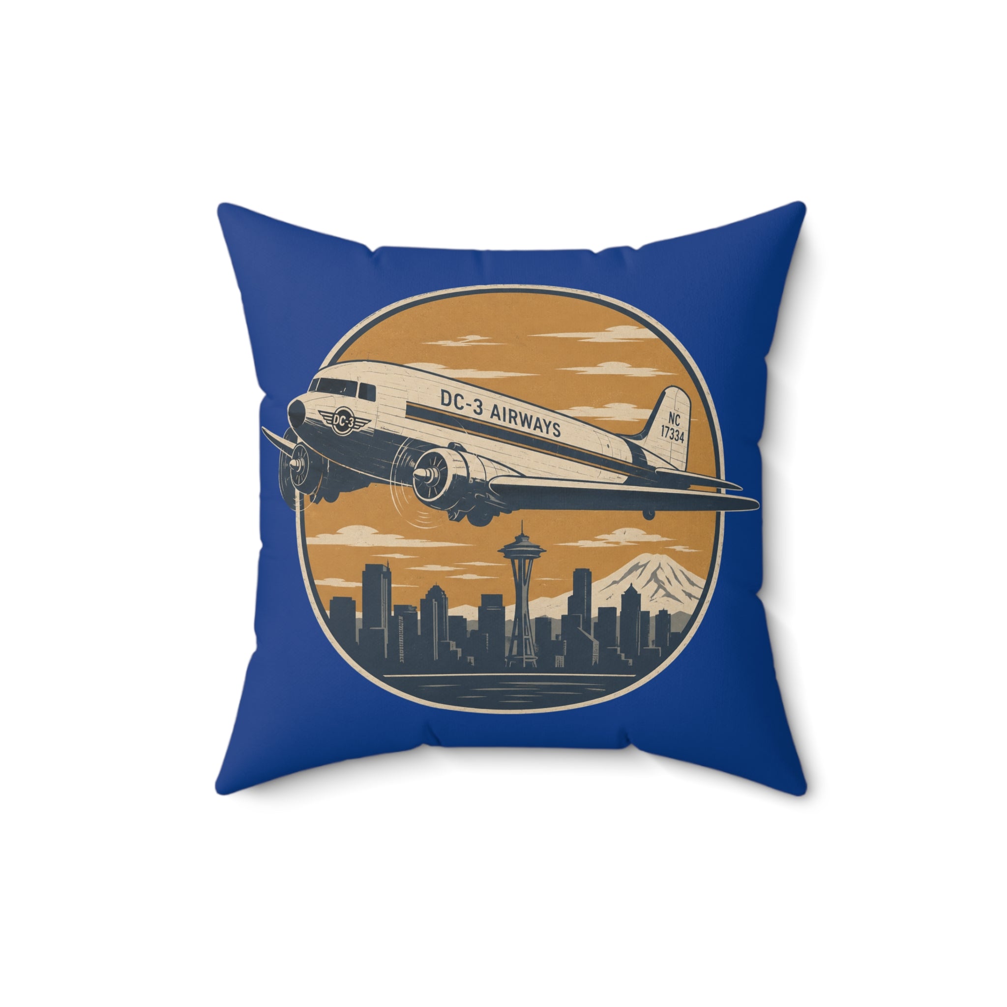 Vintage DC-3 Airliner Pillow — Retro Seattle Skyline Travel Decor