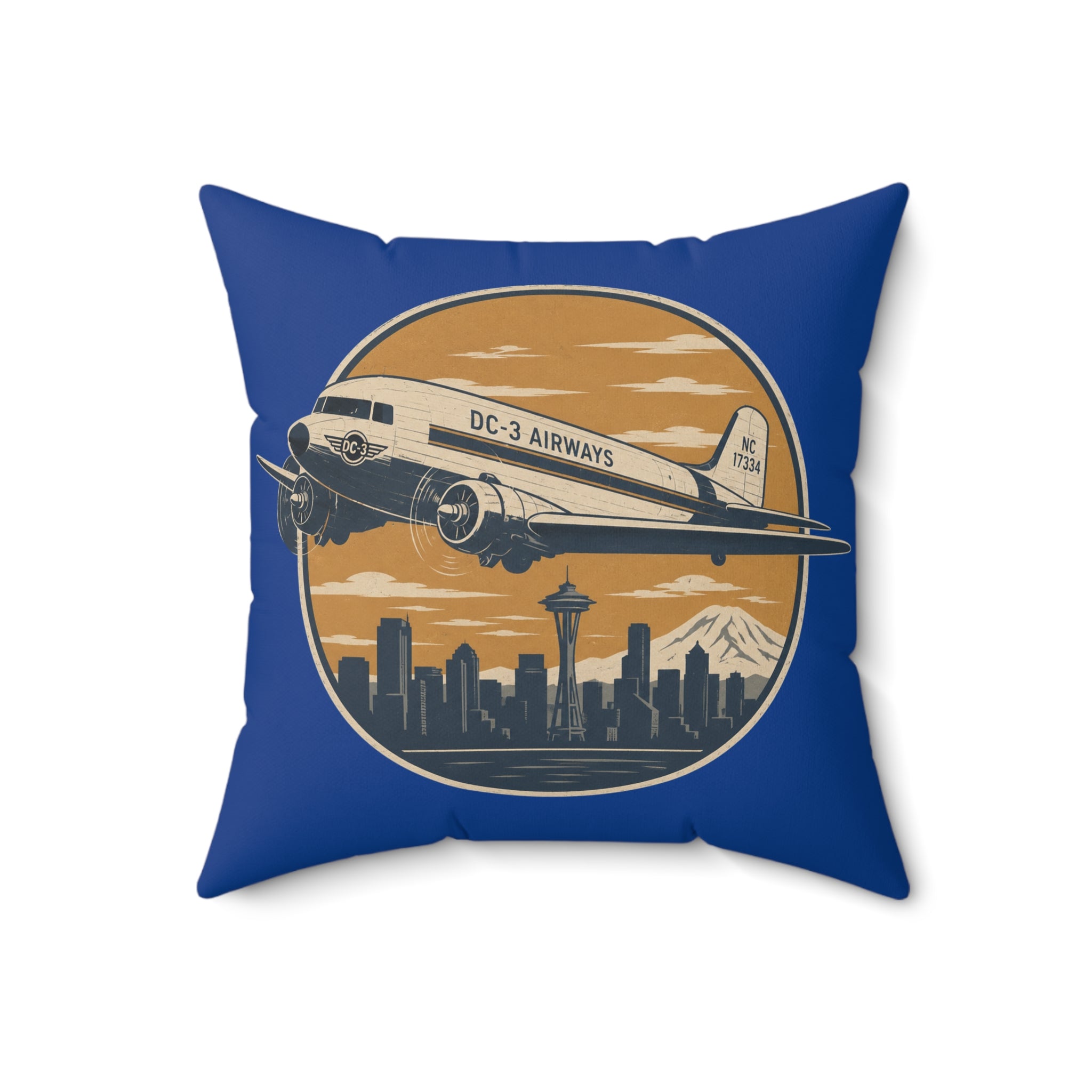 Vintage DC-3 Airliner Pillow — Retro Seattle Skyline Travel Decor